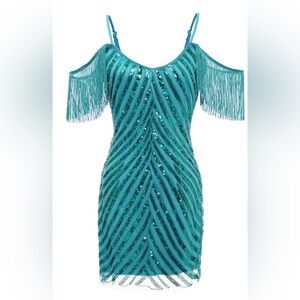 Zapaka turquoise sparkle fringe dress